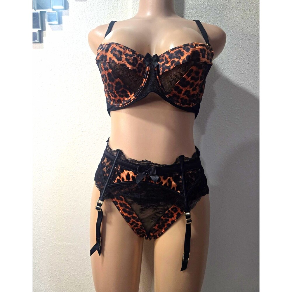 Honey Birdette Marilyn Leopard Lace Underwired Balconette Bra Set 34 DD M